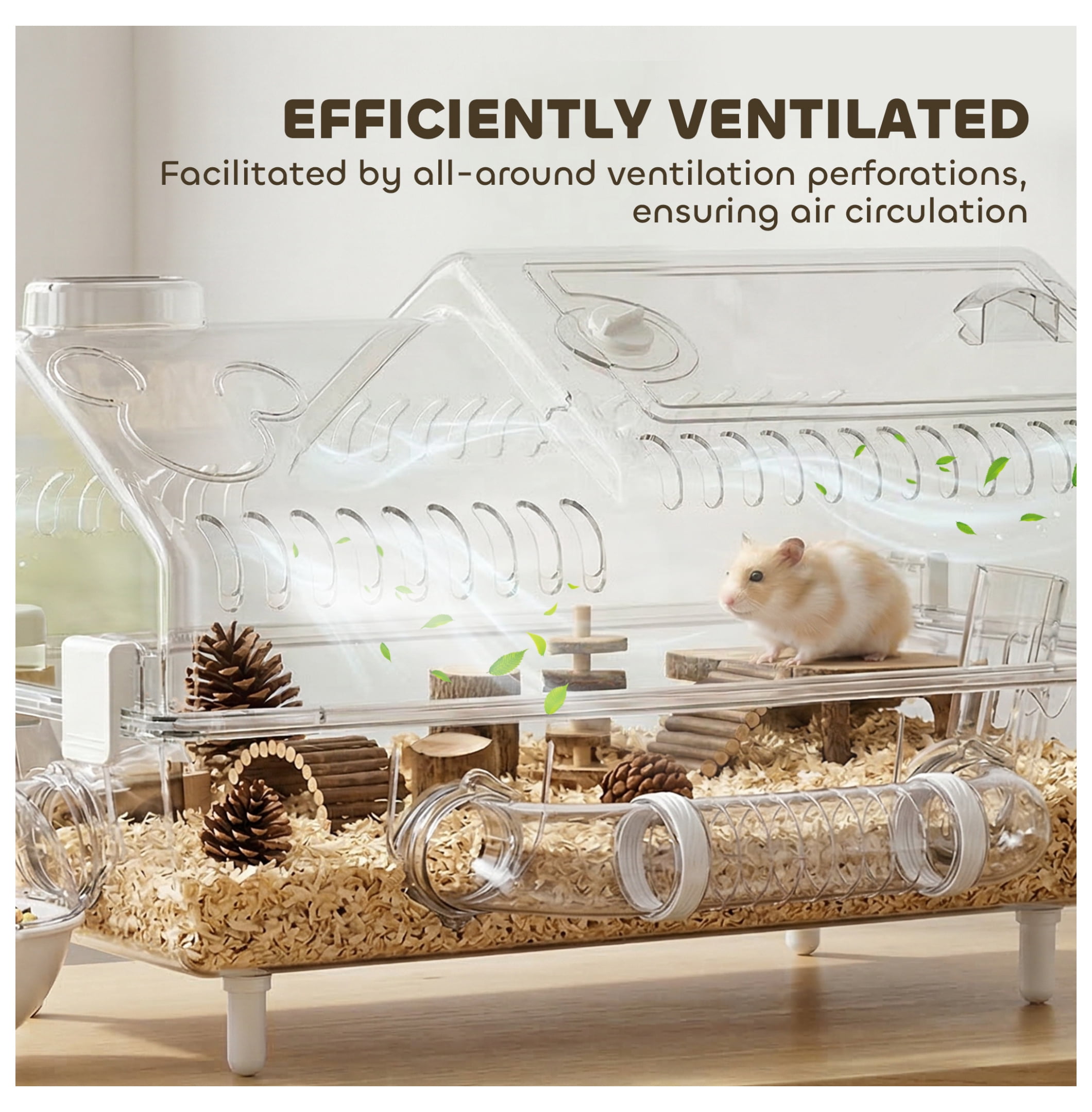 Hamster Cage with Wheel & Hideout, Small Animal Habitat, Clear Pet House, 21.5" x 11.8" x 12.6", Villa Design for Gerbils & Dwarf Hamsters
