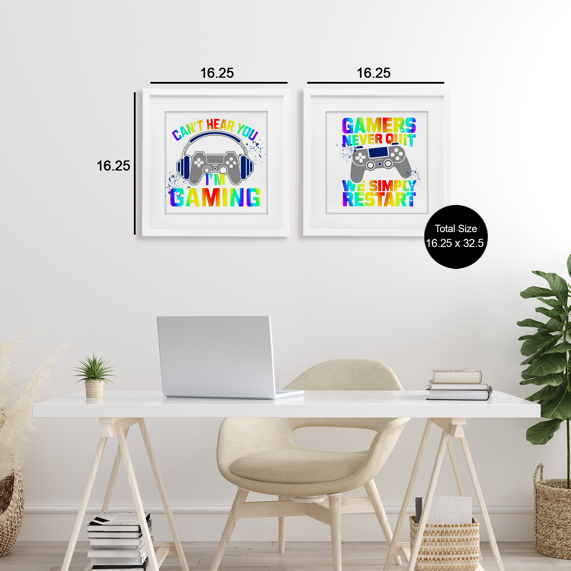 Rainbow Retro Gaming Phrases 2 Piece White Framed Print Under Glass Set, design by Kim Allen