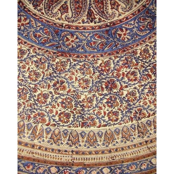 Kalamkari Block Print Round Cotton Tablecloth 72" Multi Color