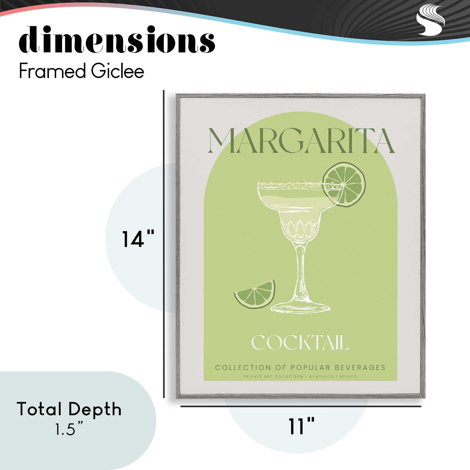 Stylish Retro Margarita Gray Framed Giclee Art, design by Lil' Rue
