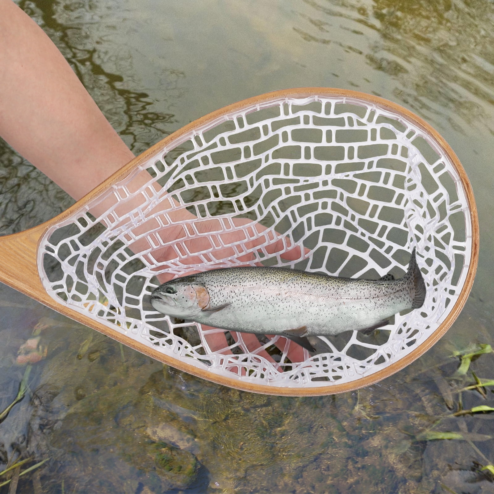 Fly Fishing Landing Net - Elm White Silicone Mesh, Curved Wooden Handle, Soft Rubber-Coated Net, Lightweight & Portable, Safe Catch & Release, For Trout, Bass, Freshwater & Saltwater
