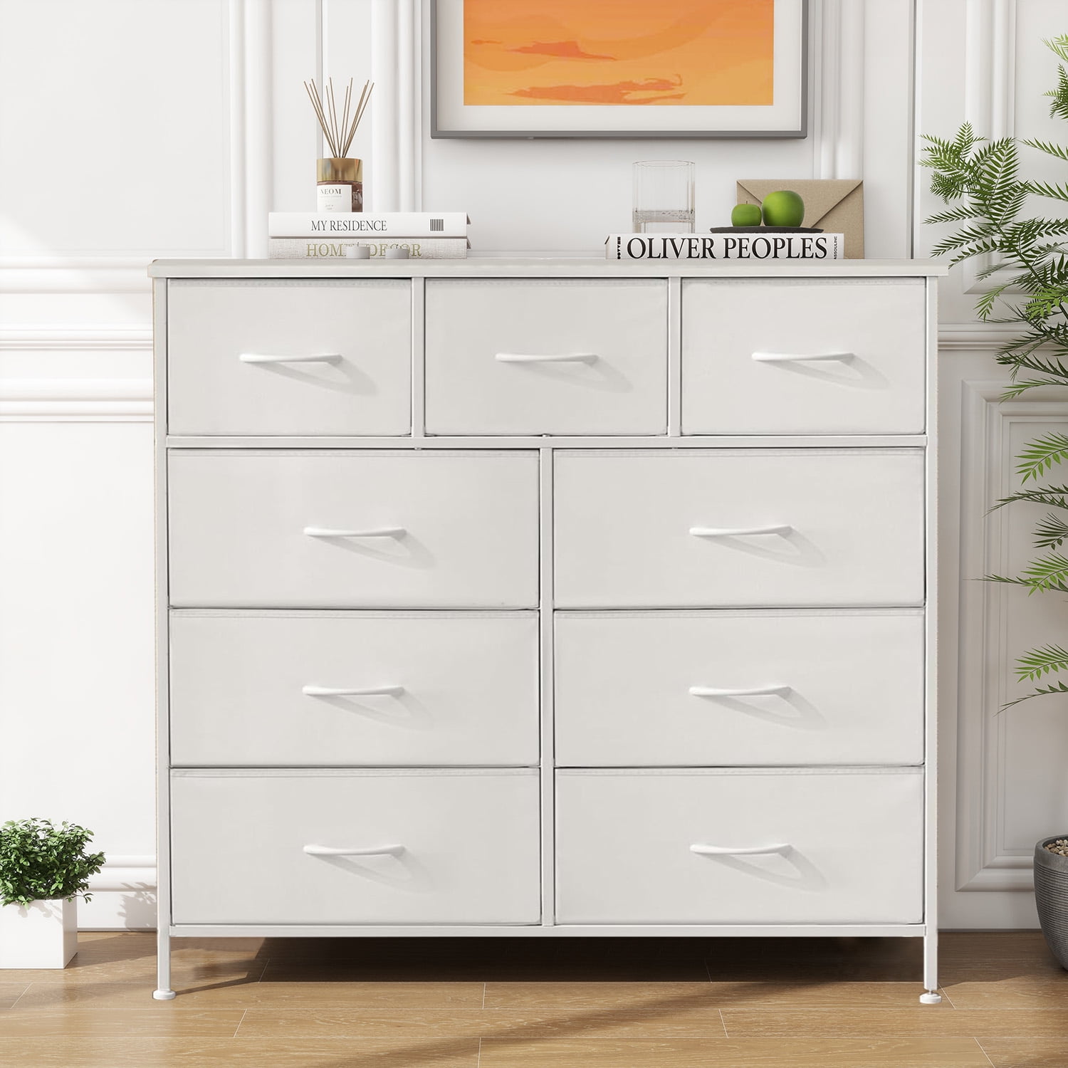 9-Drawer Fabric Dresser with Wood Top - Compact Storage Organizer for Bedroom, Closet, White