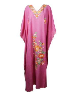 Mogul Women Embellished Maxi Kaftan Long Summer Dress Floral Kimono Sleeves Resort Wear Lounger Cover Up Caftan One Size