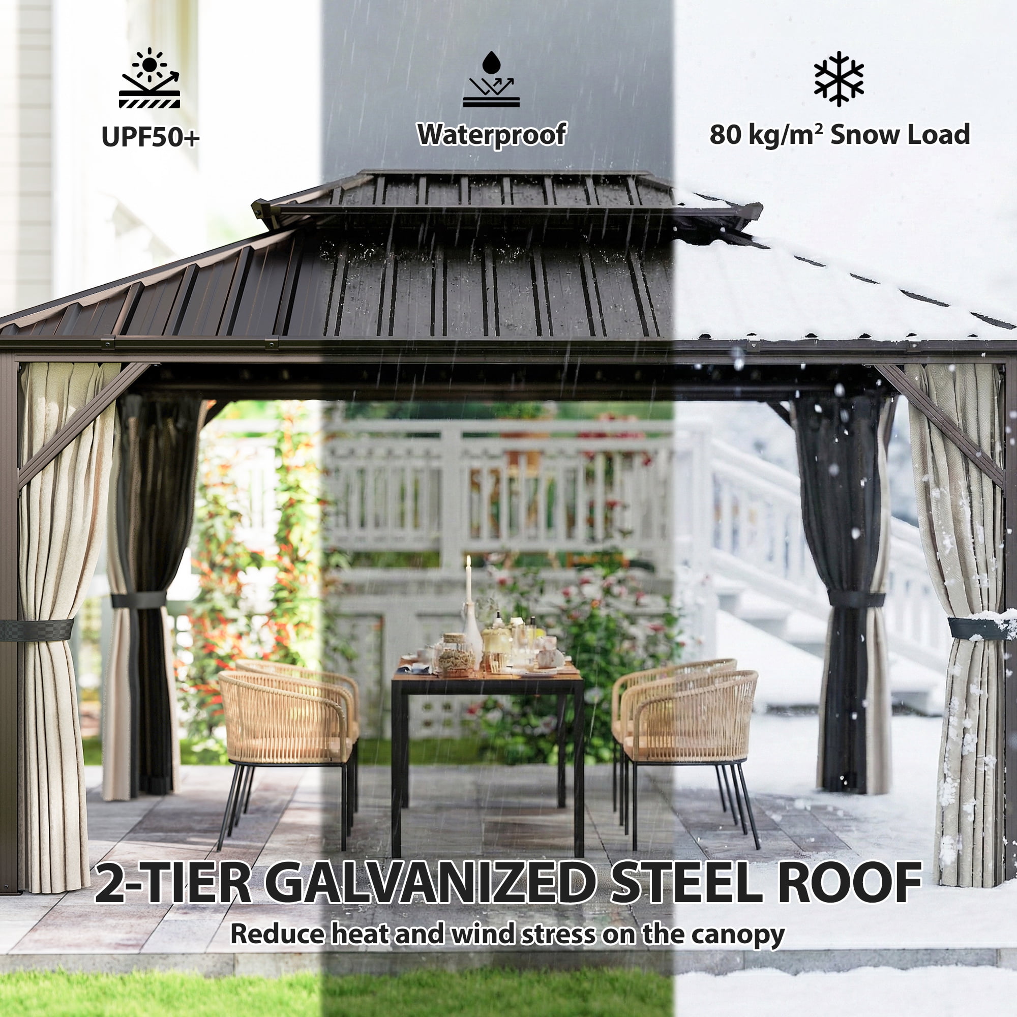 Outsunny 10' x 14' Hardtop Gazebo with UPF50+ Double Galvanized Steel Roof Canopy, Aluminum Frame Permanent Gazebo with Curtains, Netting, Brown