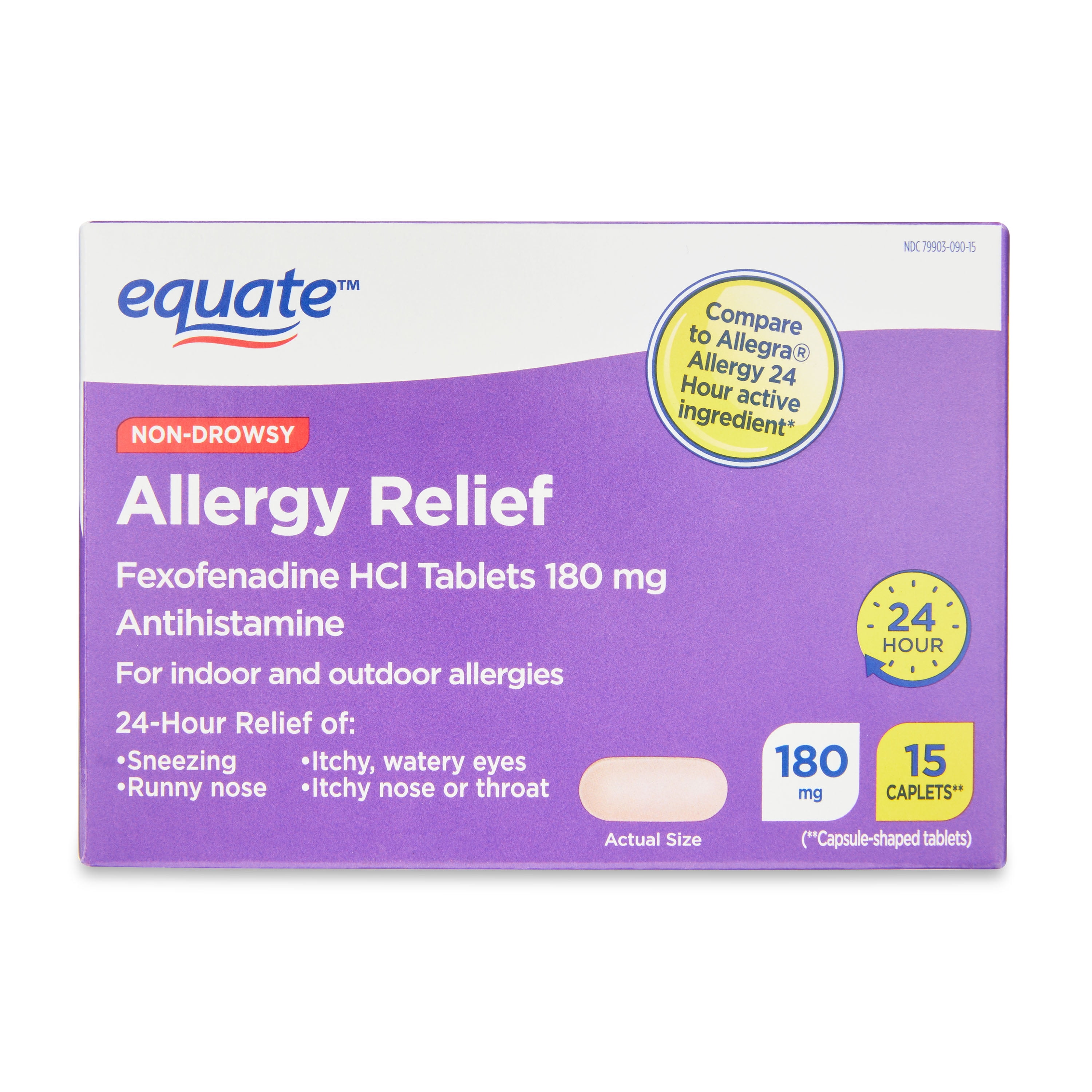 Equate Non-Drowsy Allergy Relief Fexofenadine 180mg Caplets, 15 Count