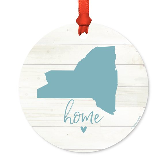US State Round Metal Christmas Ornament, Rustic Light Wood Print, New York Home, Includes Ribbon and Gift Bag