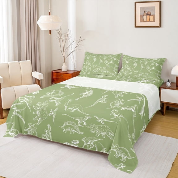 Manfei Ancient Dino Twin Sheet Sets,Wild Dinosaur Twin Fitted Sheet,Green White Flat Sheet For Boys Teens,Super Cozy Room Decor,3pcs