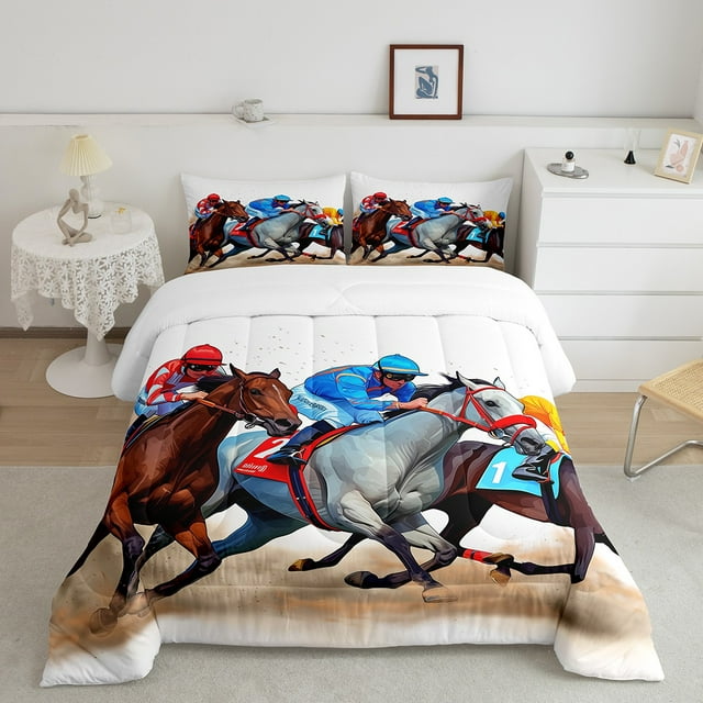 YST Ensemble de Literie Course de Chevaux Taille Complète pour Garçons Hommes, Ensemble de Couette Western Cowboy pour Adolescents, Ensemble de Lit Ferme Rustique, Ensemble de Courtepointe Riders Derby, Couette de Compétition Sportive, 3 Pcs