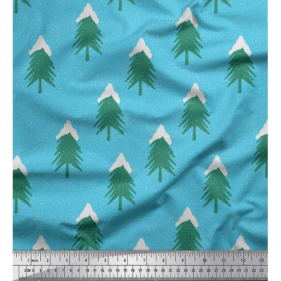 Soimoi Georgette Viscose Fabric Snow & Tree Christmas Decor Fabric Printed Yard 42 Inch Wide