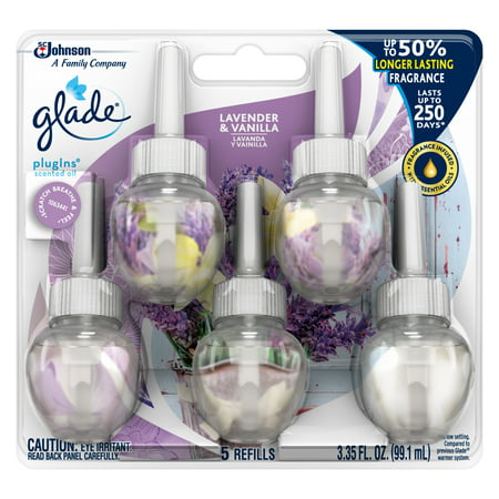 Glade PlugIns Scented Oil Refill Lavender & Vanilla, Essential Oil Infused Wall Plug In, Up to 250 Days of Continuous Fragrance, 3.35 FL OZ, Pack of
