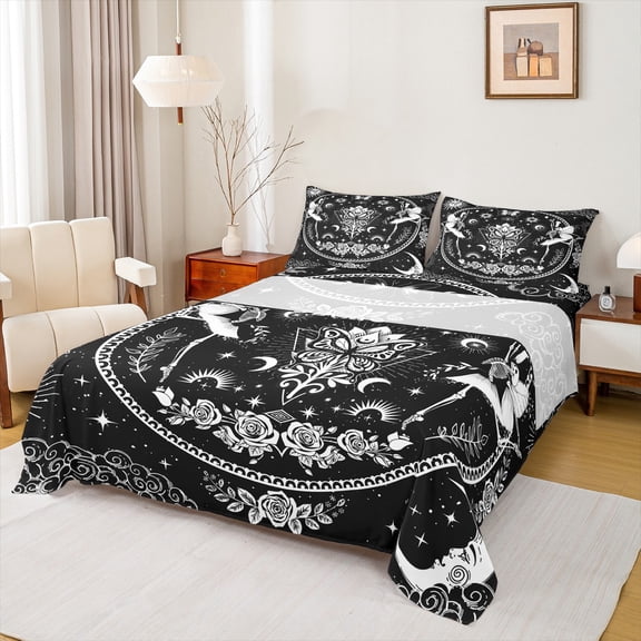 jejeloiu Gothic Skull Twin Sheet Sets,Spooky Halloween Skeleton Twin Fitted Sheet,Boho Bohemian Style Flower Flat Sheet For Girls Boys,Microfiber Bedroom Decor,3pcs