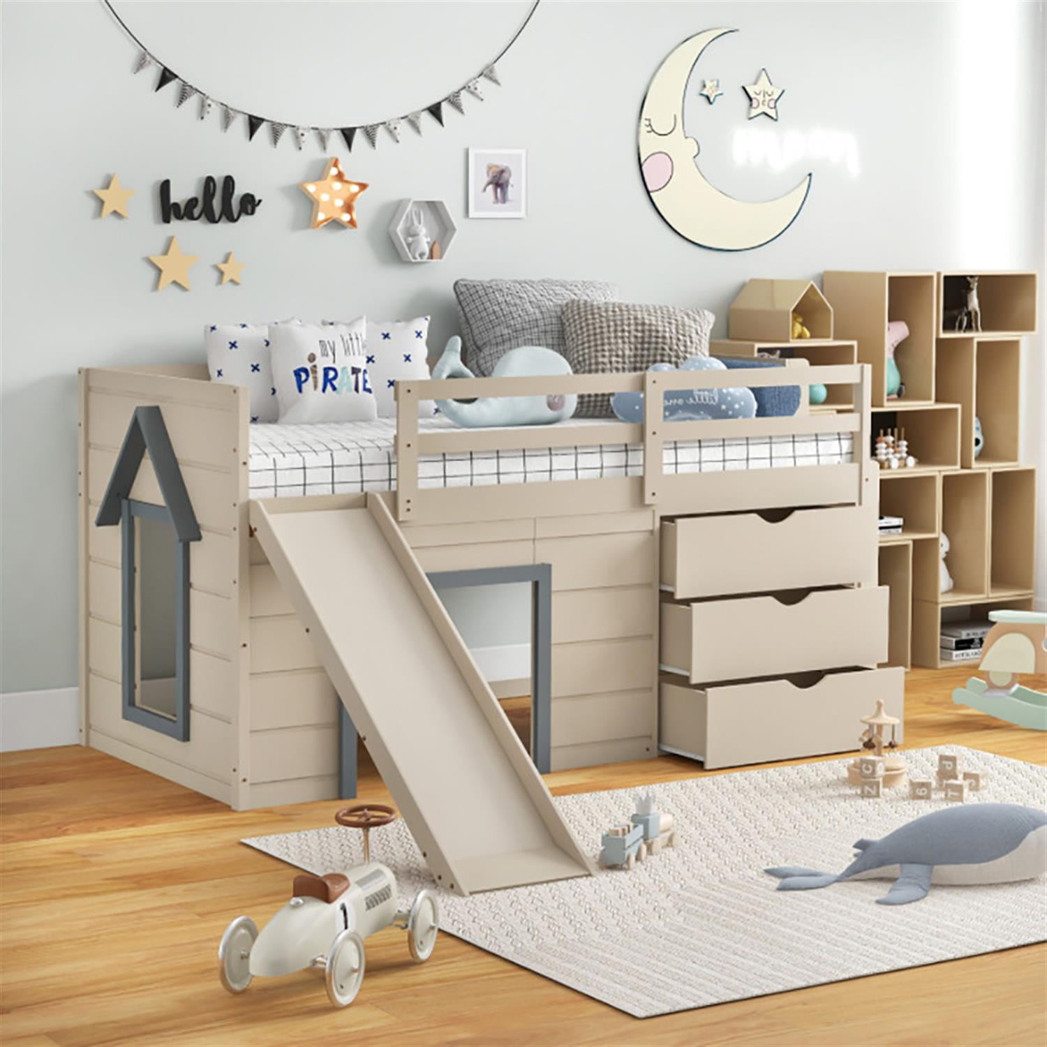 Demi Bonn 3-In-1 Twin Loft Bed with Slide Ladder Drawers Teens, Solid Wood Loft Bed with Ladder and Full-length Guardrails, Beige