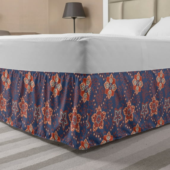 Floral Bed Skirt, Flower Scroll Pattern with Swirled Branches Leaves and Blossoms Persian, Elastic Bedskirt Dust Ruffle Wrap Around for Bedding Decor, 4 Sizes, Cadet Blue Orange Cream, by Ambesonne