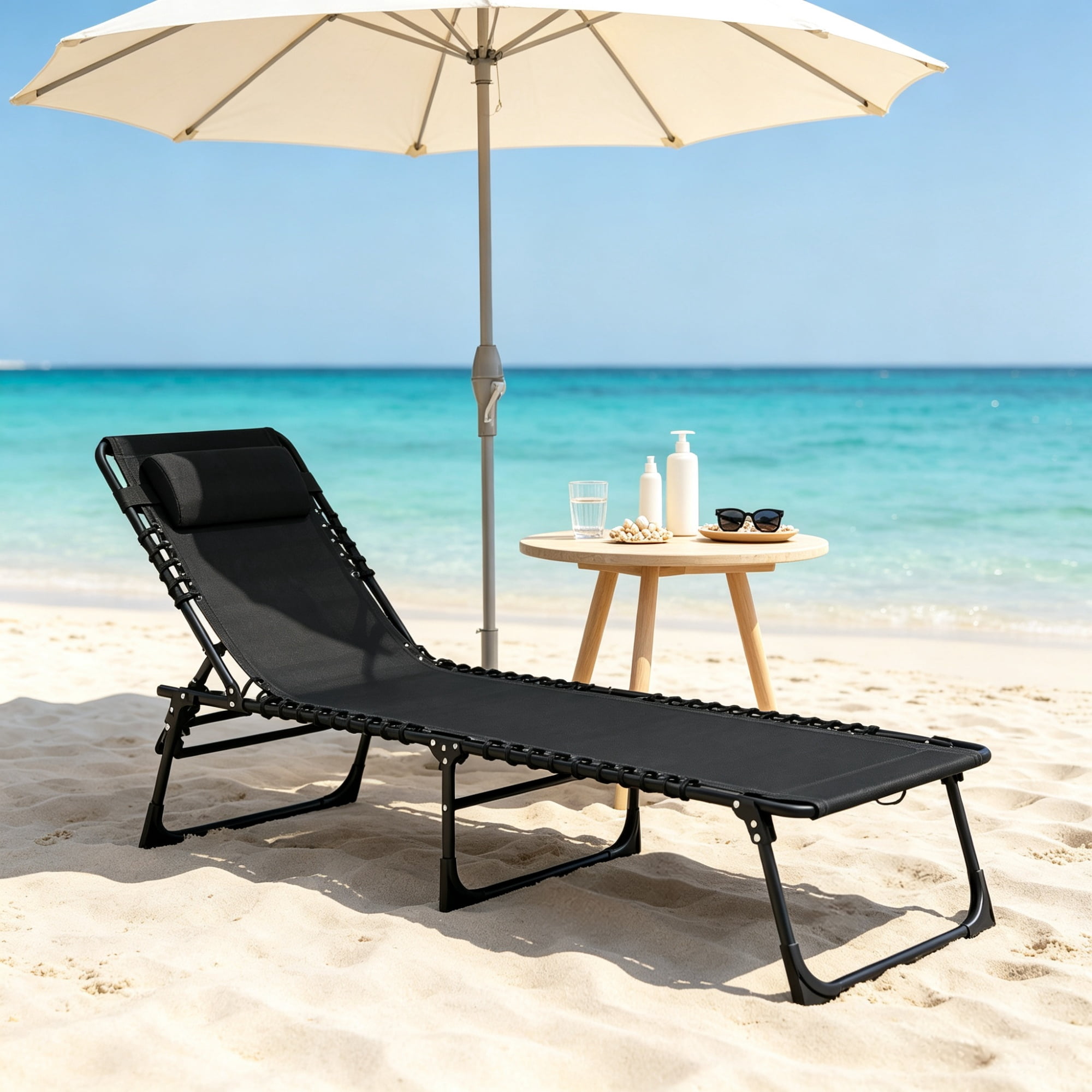 Folding Chaise Lounge Pool Chair for Poolside Sunbathing, 4-Position Reclining Back, Pillow, Breathable Mesh & Bungee Seat, Black