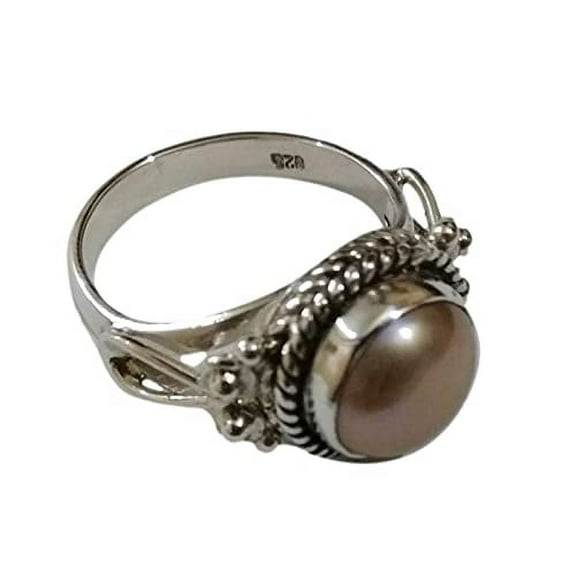 Navya Craft Peach Color Freshwater Pearl 925 Sterling Silver Handmade Women Statement Ring, Peach Pearl Jewelry Size 8.5
