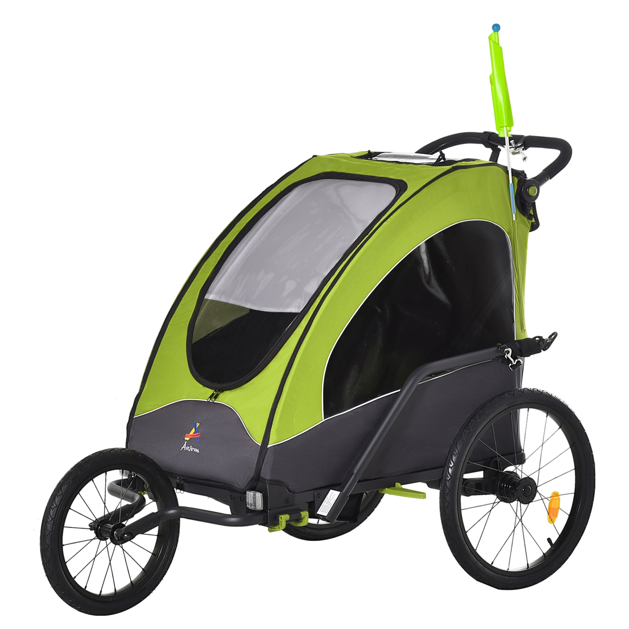 Aosom 3 In 1 Kids Bike Trailer Foldable Jogger Stroller with Shock Absorber Adjustable Handlebar Green Gray Walmart
