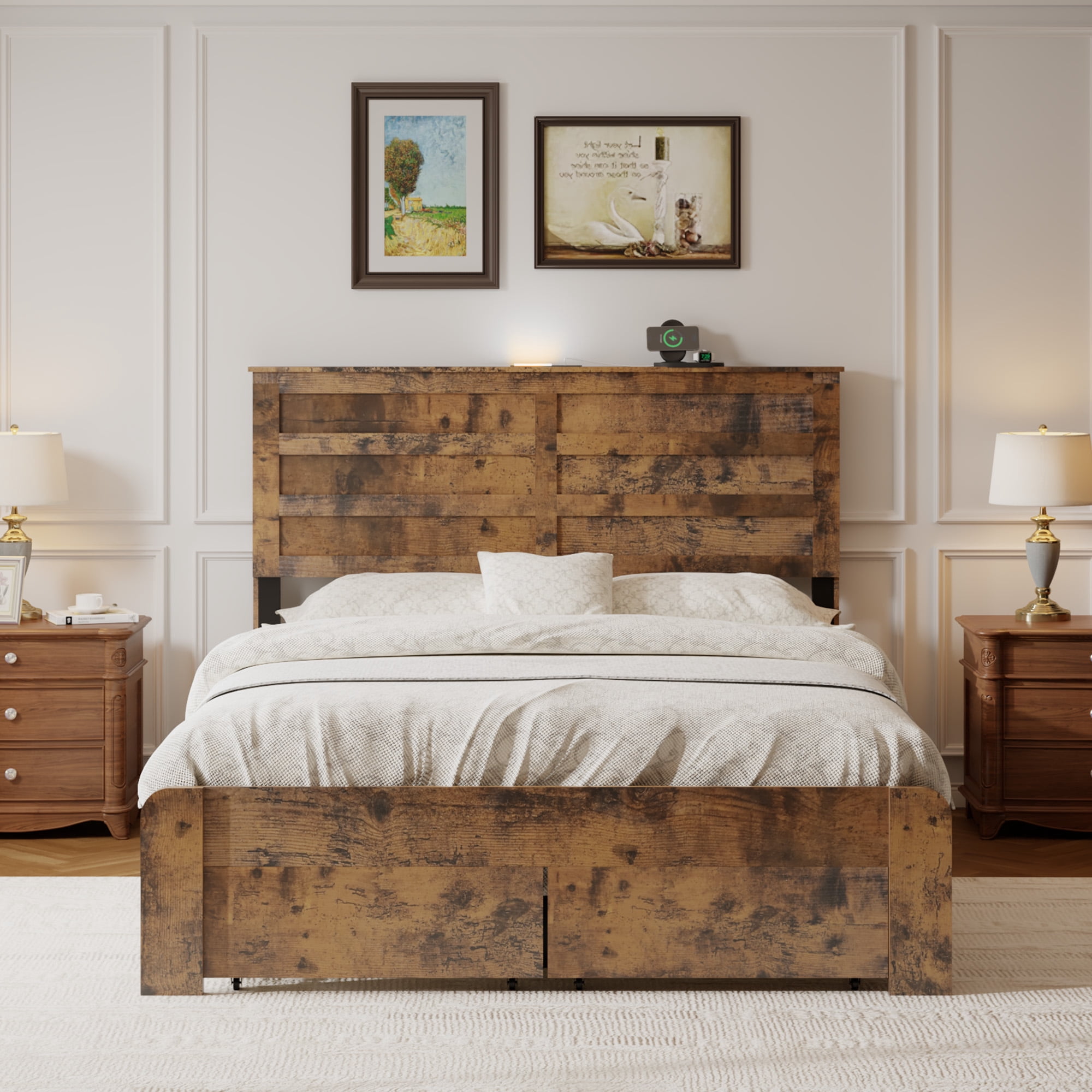 Gewnee Full Size Bed Frame with 2 Storage Drawers & USB Ports – Wooden Platform Bed with Storage Headboard Charging Station,No Box Spring Needed,Dark Brown