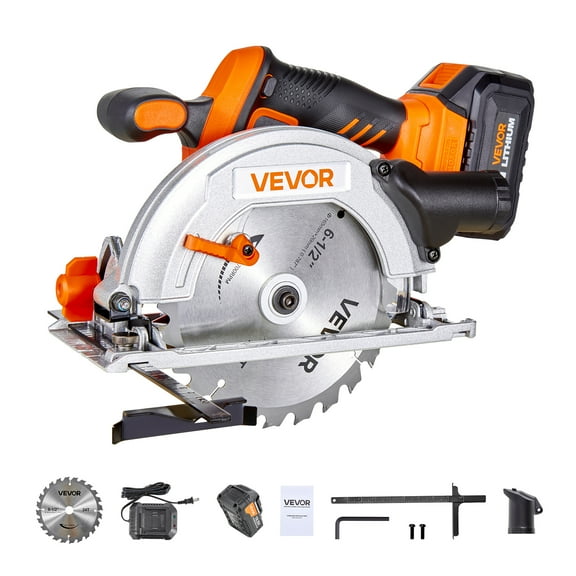 VEVOR Cordless Circular Saw, 6-1/2 inch Blade, 4700 RPM Speed, 0-45 Degree Bevel Capability, Brushless Motor, LED Light, Electric Circular Saw Kit with Battery and Charger Included, for Wood Cutting