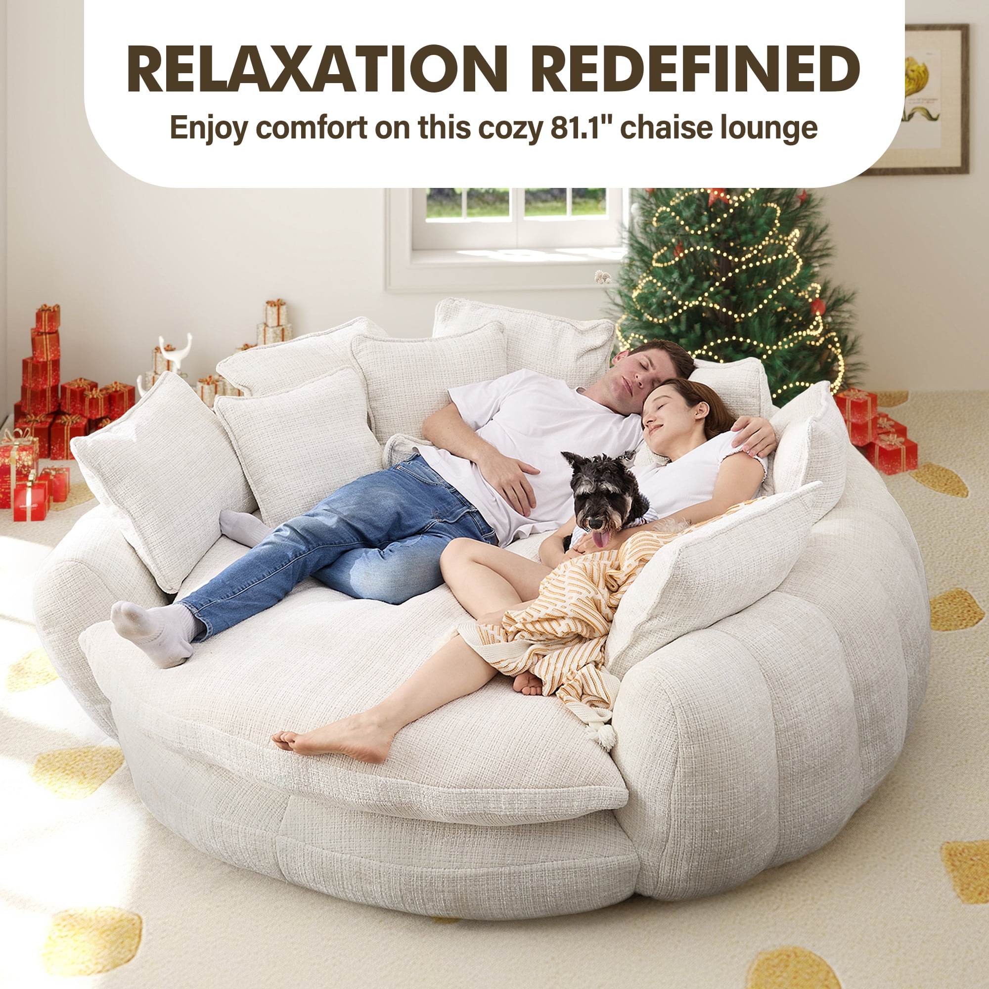 Aukfa 81" Oversized Round Chaise Lounge Sofa Bed, Modern Chenille Cloud Couch with Deep Seat, 14 Pillows, Assemble-Free, Beige
