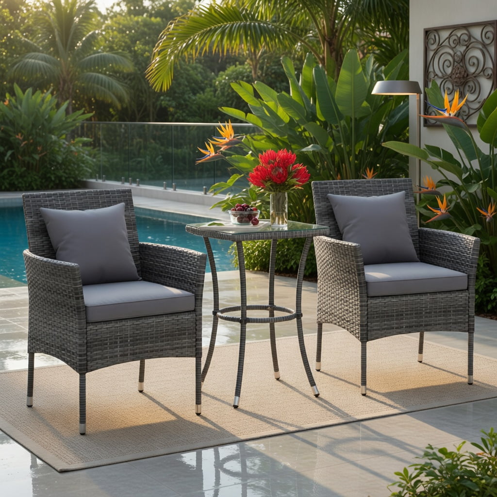 Hommoo 3-Piece Outdoor Patio Furniture Set, PE Rattan Chairs with Cushions & Tempered Glass Coffee Table for Backyard, Porch, Garden, Gray