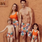 PatPat Women Men Boys and Grils Family Look Floral Print Splice Solid One-piece Matching Orange and Royal Blue Swimsuits