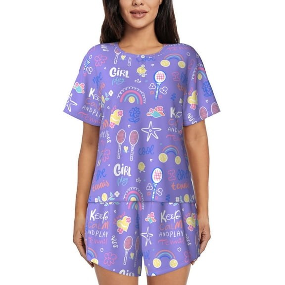 Logiee Tennis 1 Print Womens Pajamas Set,Short-Sleeve Pajama 2 Piece Sleepwear with Pockets-Small