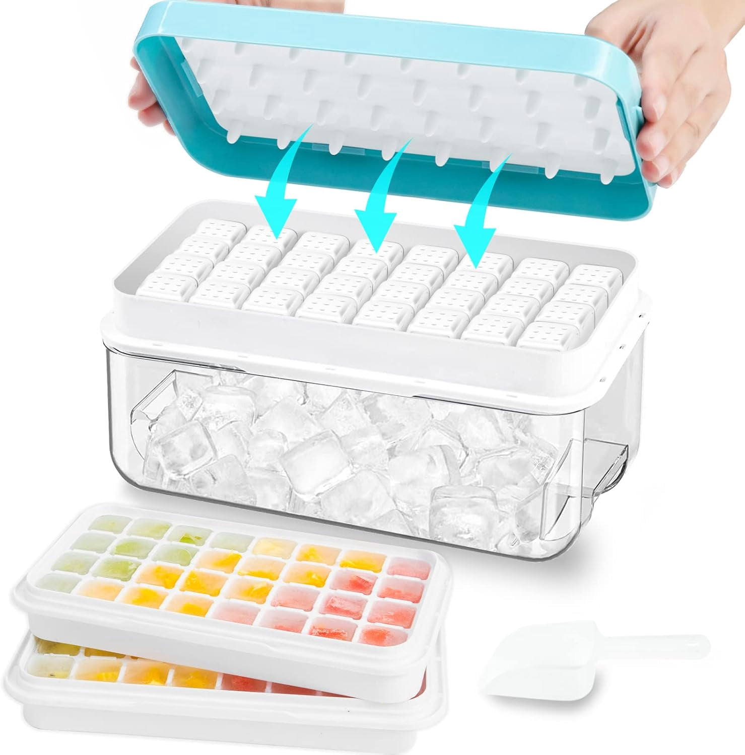 Ice Cube Tray with Lid and Bin, 64 pcs Ice Tray Kit with Ice Scoop, Ice Cube Pop Out Tray, Ice Cube Trays for Freezer, Ice Cube Molds, BPA Free, Easy Release Stackble Spill-Resistant (Green)