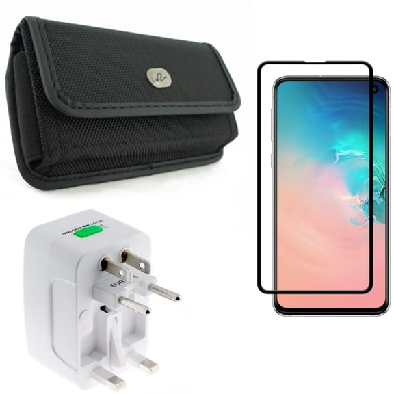 Galaxy S10e Case Belt Clip w International Charger w Screen Protector - Rugged Holster Canvas, Travel Adapter Plug Converter, Tempered Glass 5D Curved Edge for Samsung Galaxy S10e Phone