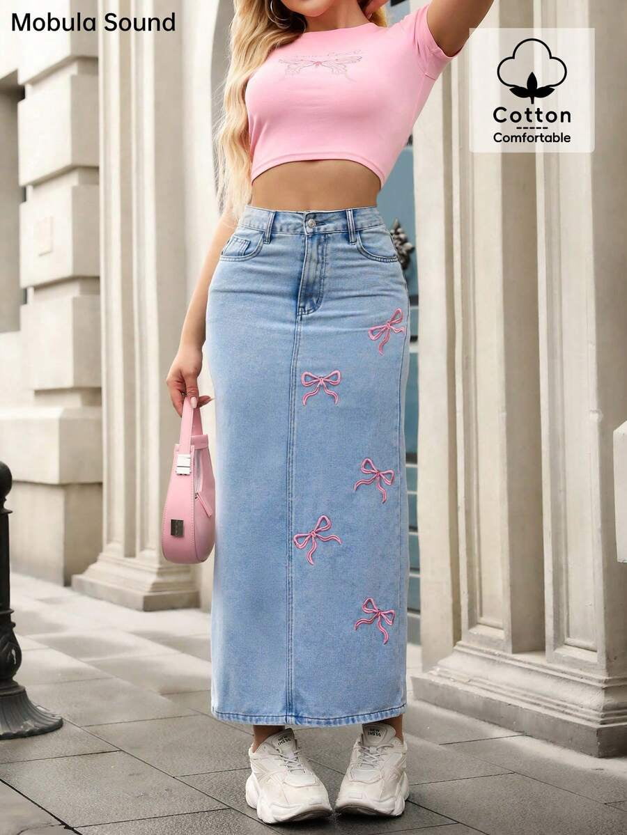 Blue Bow Embroidered Denim Midi Skirt Straight Fit Casual