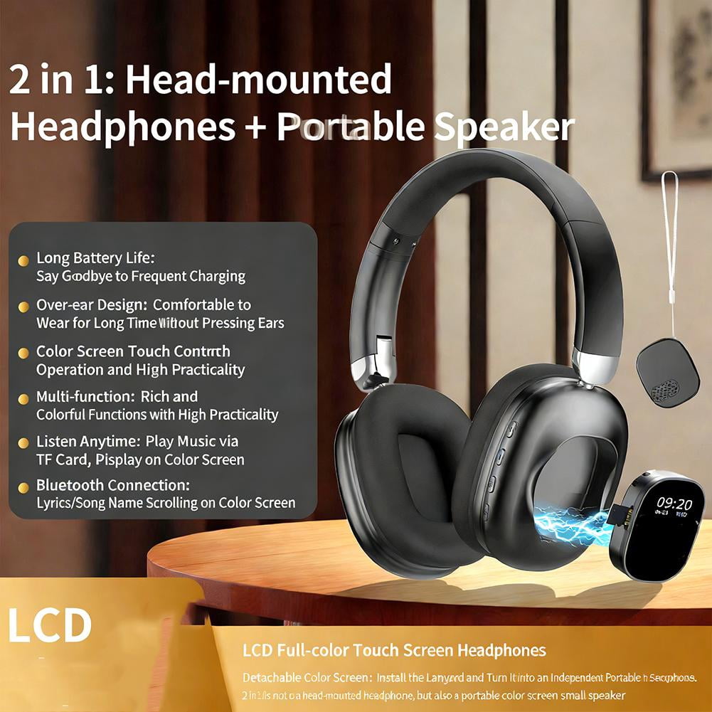 Smart Headphones with Detachable Touch Screen, Bluetooth Wireless Headset with TF Card Support, Multi-Functional Over-Ear Headphones for Music, Calls, Games, Alarm, Photo, Travel Business Daily Use