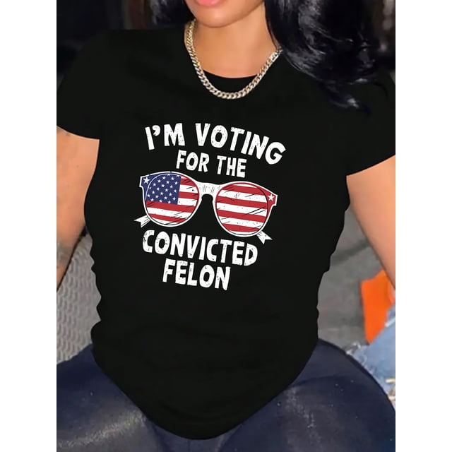 Camiseta informal de cuello redondo para mujer con estampado de gafas y bandera estadounidense. Camiseta de algodón de punto de manga corta a la moda. Top con estampado del alfabeto de elasticidad med