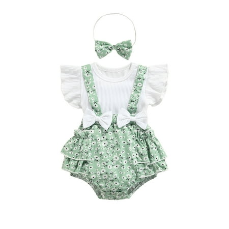 

ELF Baby Girl Spring/Summer Onesie Cotton Print Flying Sleeve Splicing Onesie + Bow Headdress Set 2 Pcs 0-24M