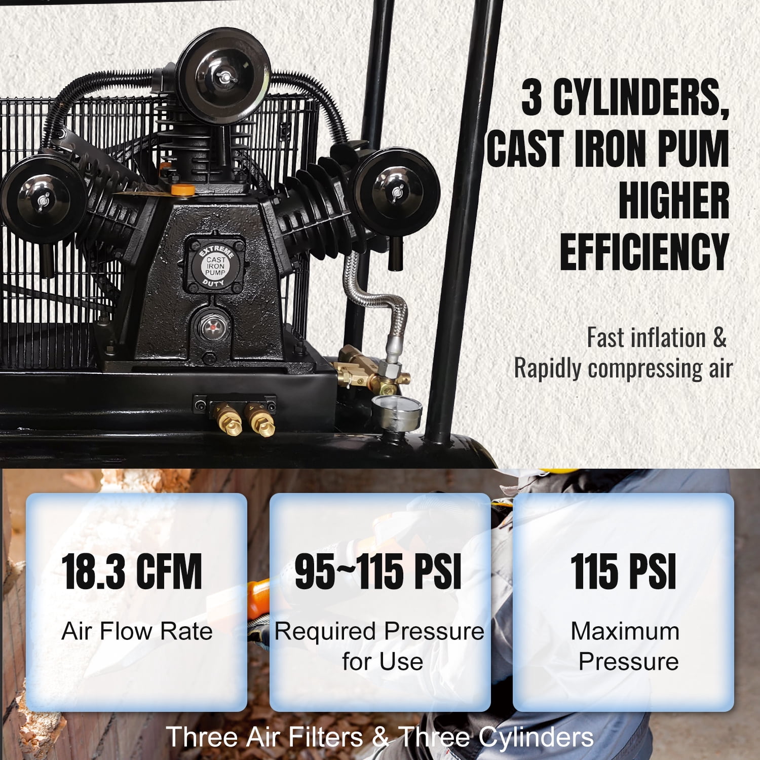 HPDMC Gas Driven Piston Air Compressor 6.5HP - One Stage - 6.5HP Gasoline Engine - 9Gal Tank - 18cfm 115psi - Portable Compressed System
