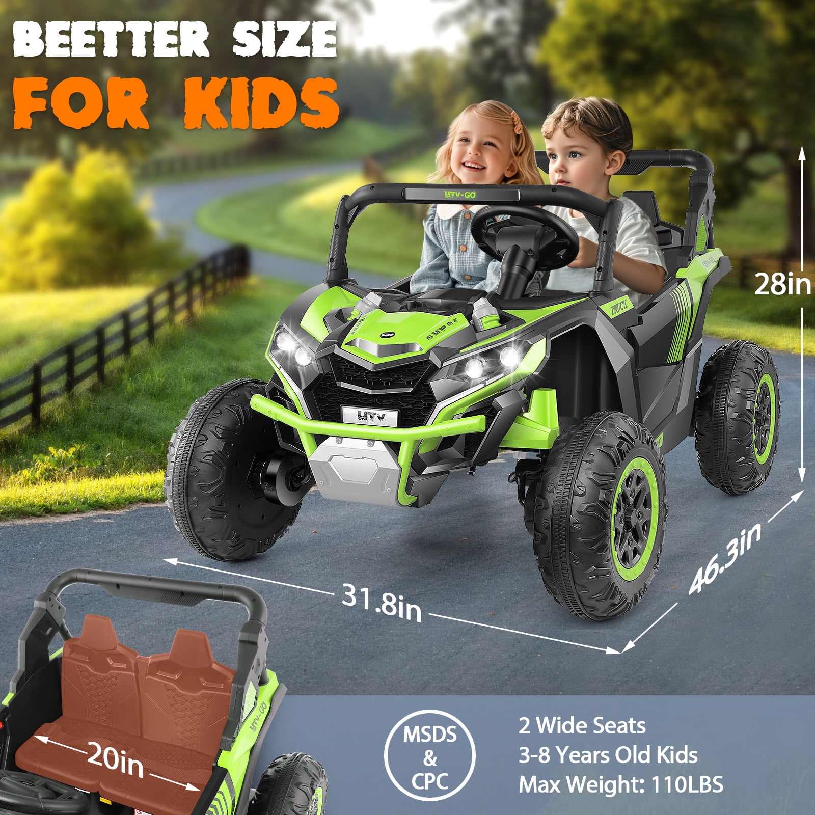 Funcid 24V Ride on Car for Kids, 2WD/4WD Switchable Ride on Car with Remote Control, 2 Seater Ride on Toys, UTV, Bluetooth, Music, LED Lights, Storage Space