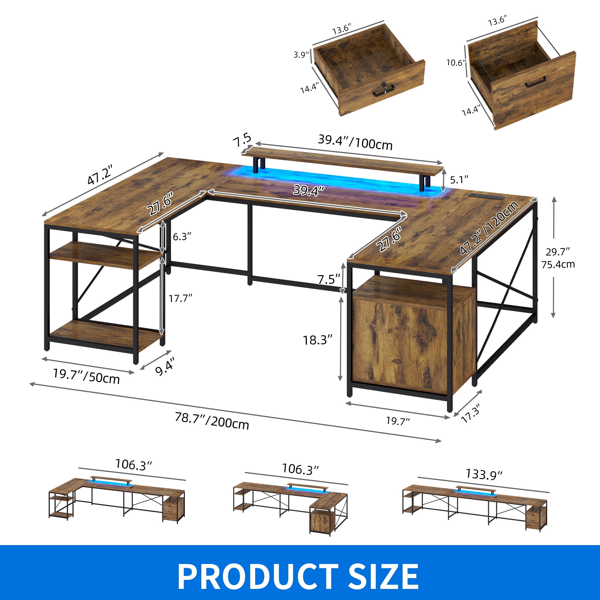Dextrus L Shaped Desk with Power Outlets & LED Lights, Reversible Computer Desk with Drawers, ,Brown