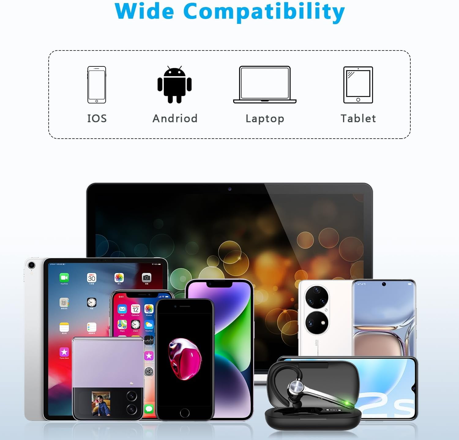 Bluetooth Headset, Wireless Bluetooth Earpiece with 500mAh Charging Case 72 Hours Talking Time Built-in Microphone for iOS Android Cell Phone, V5.1 Hand-Free Headphones with USB Dongle