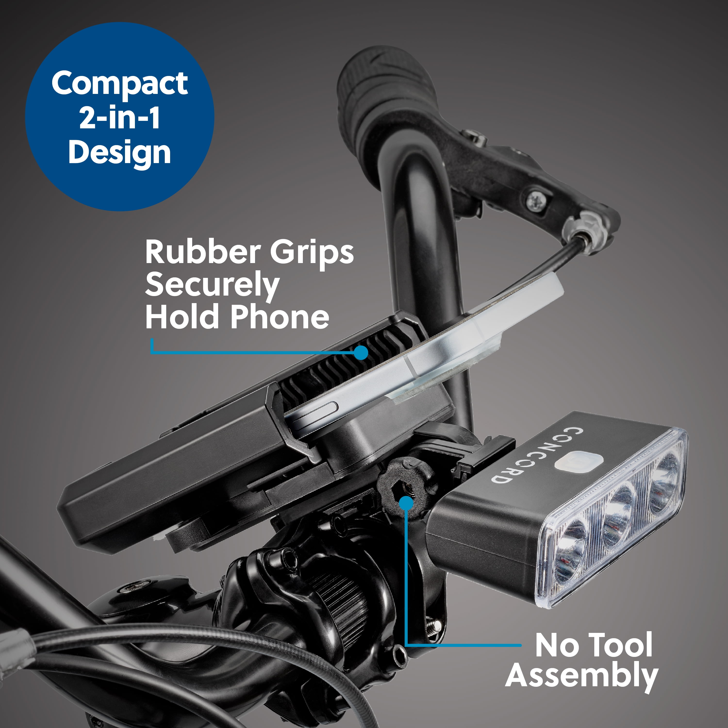 Concord Rechargeable Bike Phone Holder with Front Light, 200 Lumens, Backup Battery