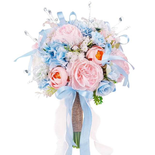 Bouquet de boda con rosas de seda color azul, rosa y crema, 22 cm, color azul