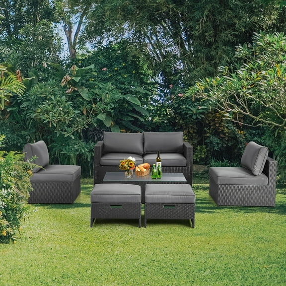 Costway 6 Pieces Patio Rattan Furniture Set with Coffee Table, Black and Gray
