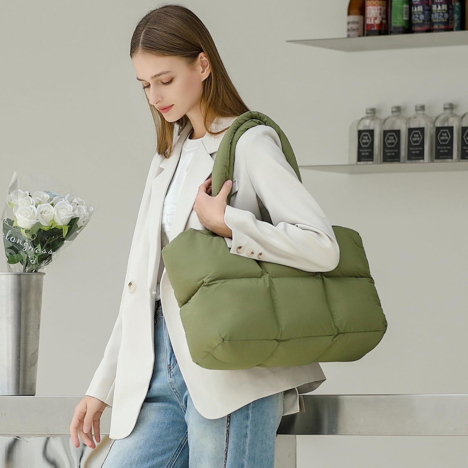 JennyShop Large Capacity Fashion Quilted Puffy Handbag, Herald Puffer Tote Bag for Women, Lightweight Satchel Purse for Working Travelling Gym Shopping