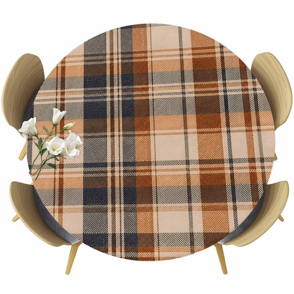 Round Table Cover 36-44 Inch Orange Blue Checkered Waterproof Reusable Table Cloth Round Fitted Vinyl Tablecloth with Elastic Edged for Parties Outdoors, Fall Farmhouse Buffalo Plaid