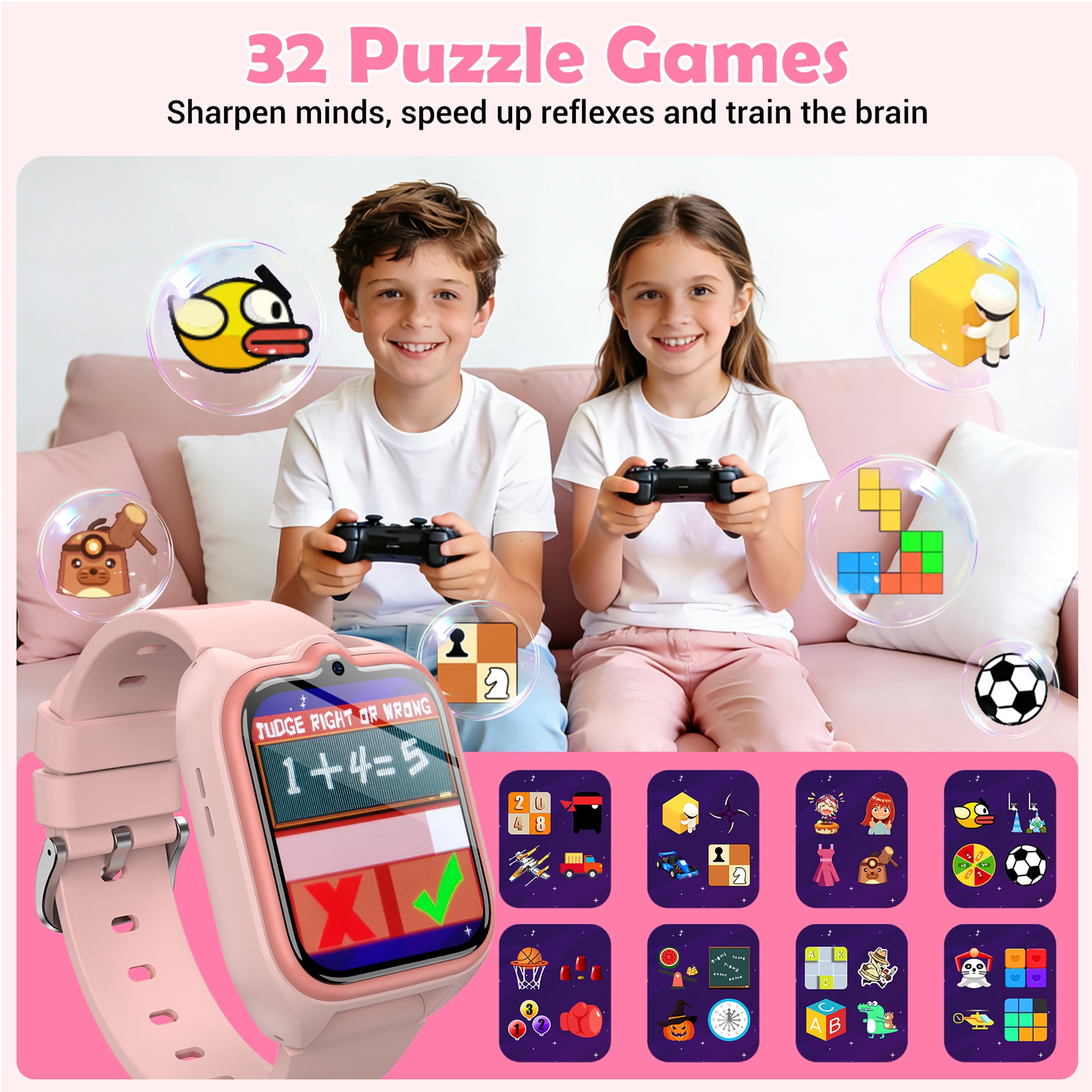 IOWODO Kids Smart Watch for Boys Girls, 32 Games, HD Camera, Music Player, Audiobooks, Flashcards, Habit Tracker, 1.75" Touch Screen, No App Needed, Pink