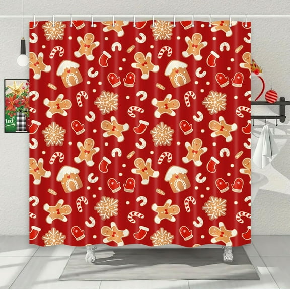 Christmas Shower Curtain Gingerbread Man Snowflake Holiday Bathroom Decor, Red Christmas Bathtub Curtain with Candy Cane Glove, Fun Cute Winter Bathroom Accessories 70X70IN