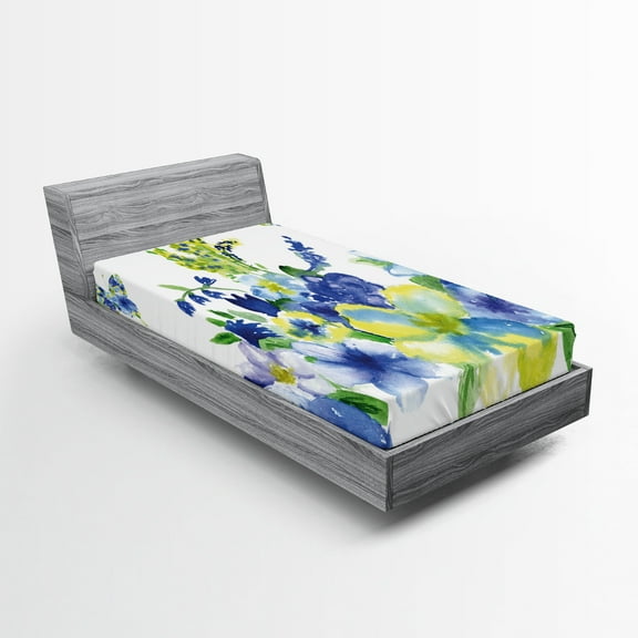 Ambesonne Yellow and Blue Fitted Sheet, Spring Blooms, Twin Size, Lime Green Royal Blue