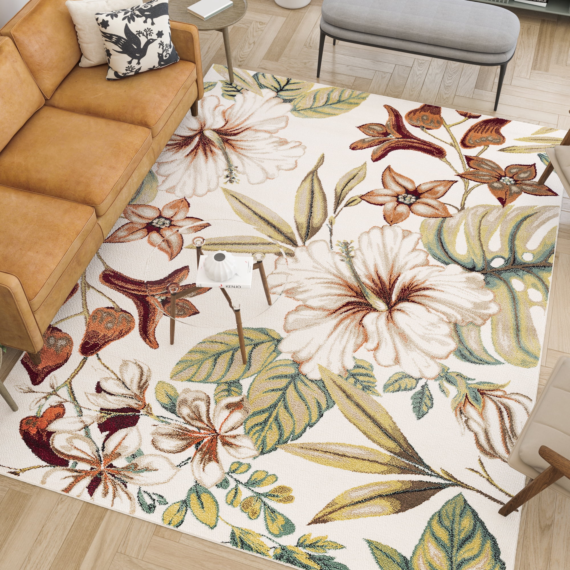 Transitional 5x8 Area Rug (5'3'' x 7'3'') Floral Ivory, Citron Green Living Room Easy to Clean