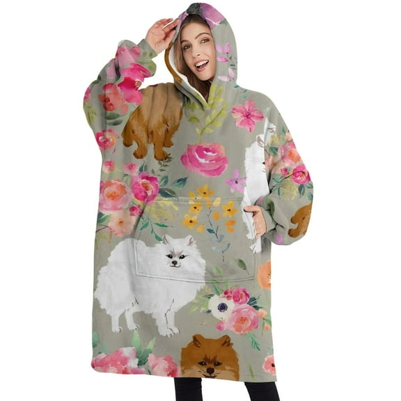 Oversized Wearable Blanket Hoodie,Pomeranian Dog and Flower Floral Sherpa Blanket Hoodie with Super Pockets,Super Warm Fuzzy Pullover for Women & Men