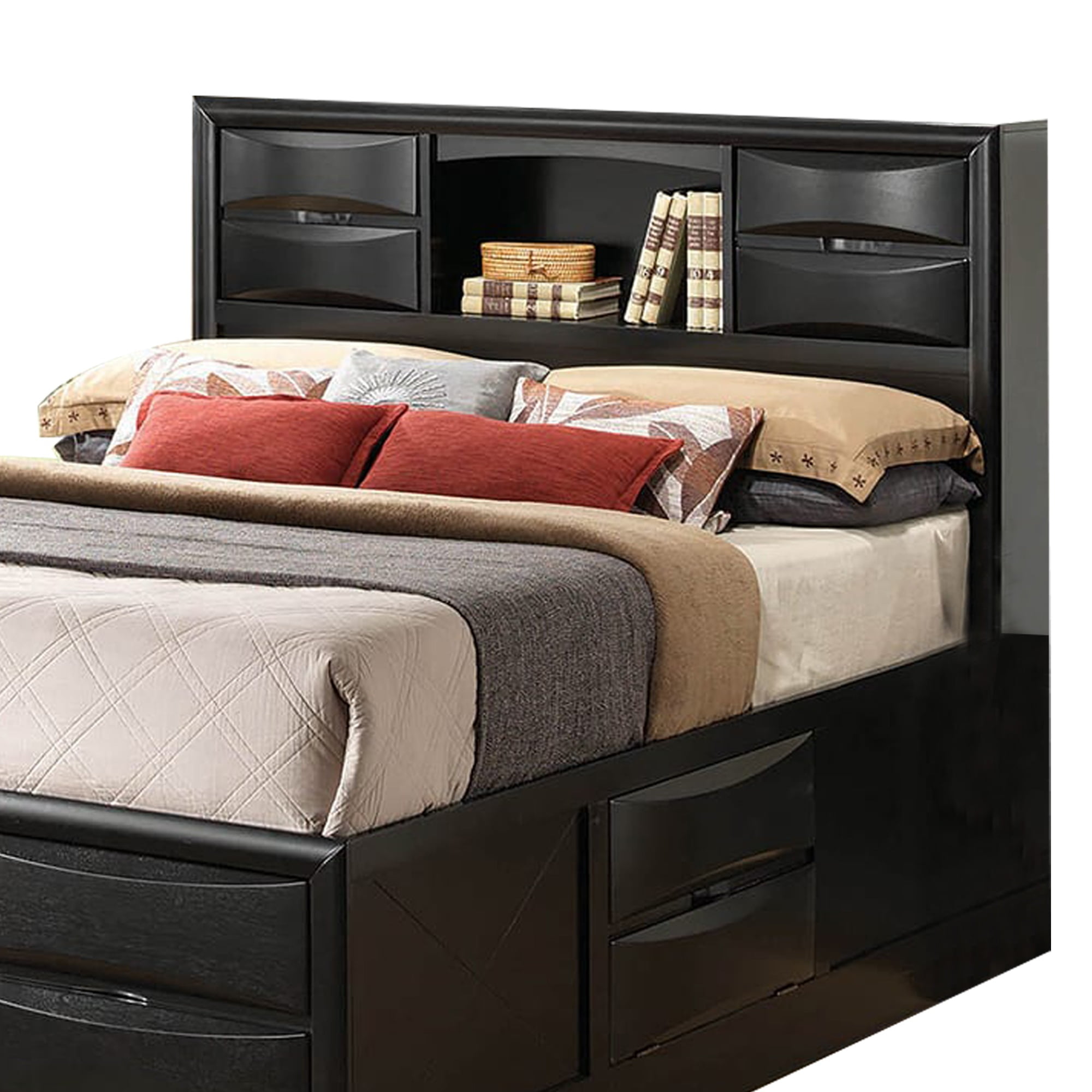 Wooden Eastern King Size bed with 12 Drawers and 1 Open Shelf, Dark