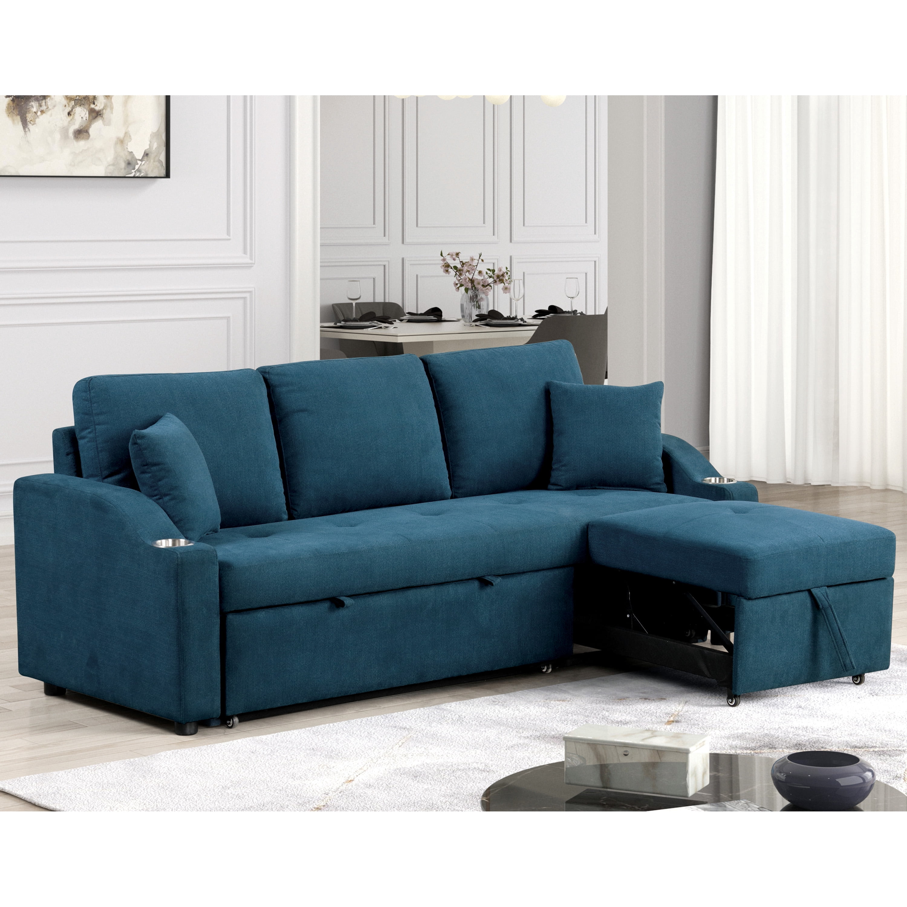 Furniture of America Eulalie Modern Upholstered Pull-out Sleeper Sofa, Blue