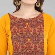 Janasya Indian Round Neck 3/4 Sleeve Floral Print Mustard Poly Crepe Kurta For Women