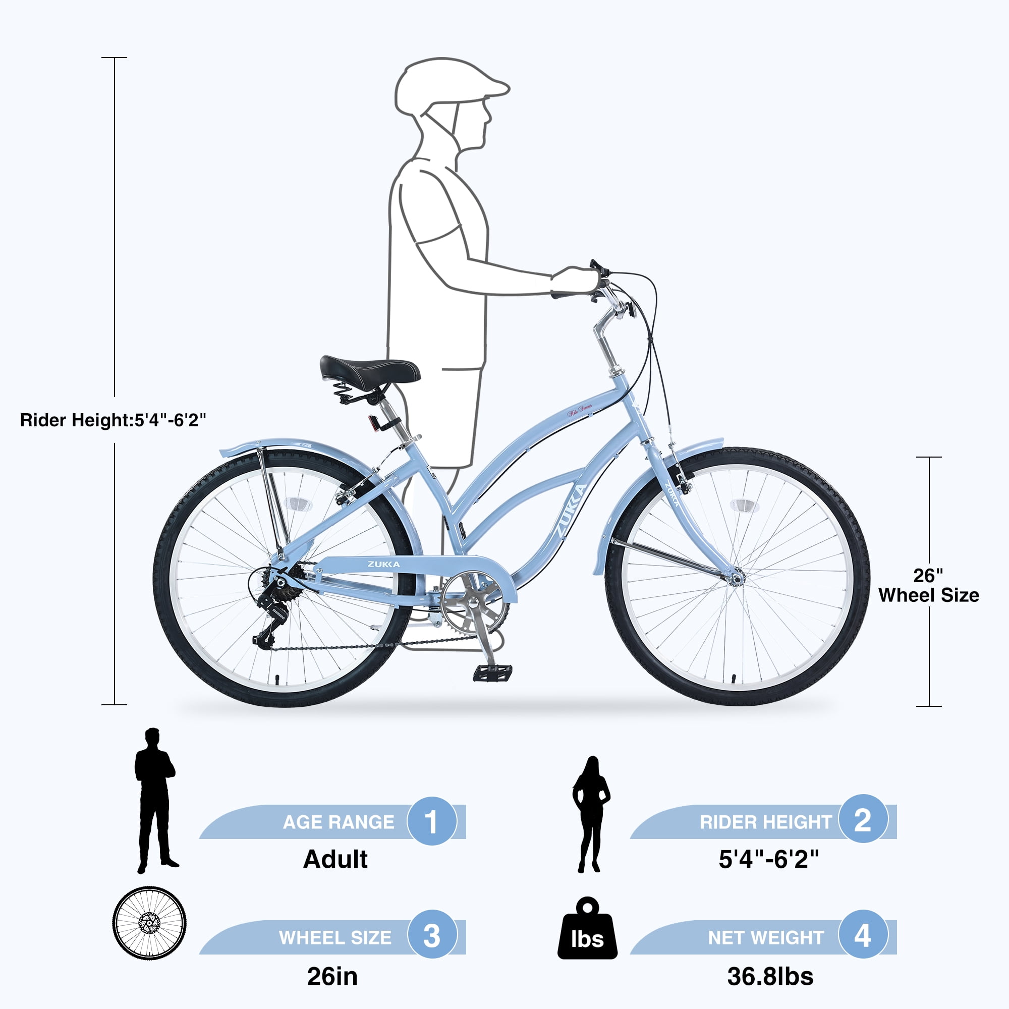 Aukfa 26" Cruiser Bike, 7 Speed Bicycle Hybrid Bikes for Women Girls Ladies,Light Blue